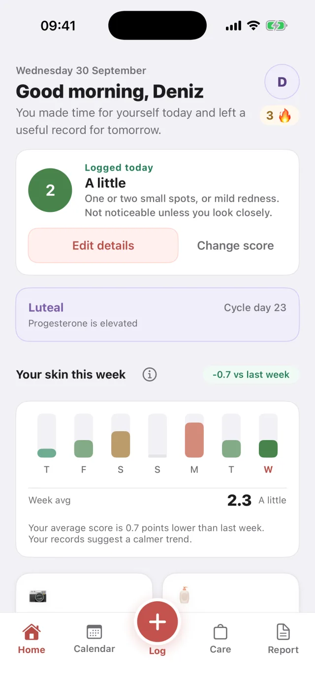 Skinjot home screen: today's entry, cycle day and weekly skin chart